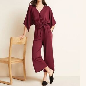 Garnet Hill Maroon Red V Neck Wrap Kimono Sleeve Wide Leg Knit Jumpsuit